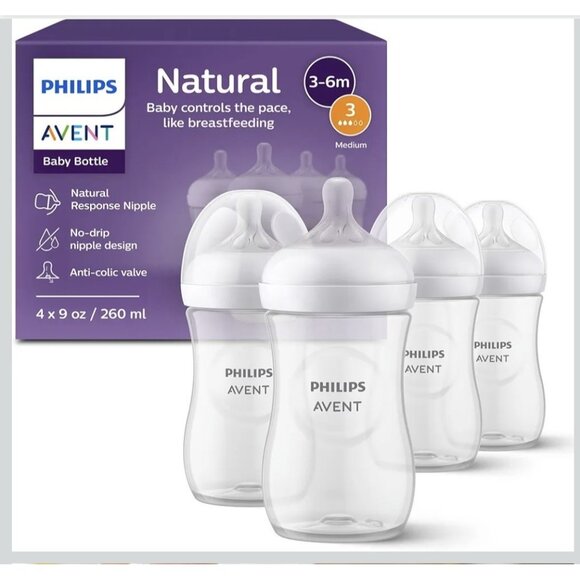 Philips Avent Natural Baby Bottle with Response Nipple, Clear, 9 oz 1m+ (4 Pack) - Picture 1 of 6
